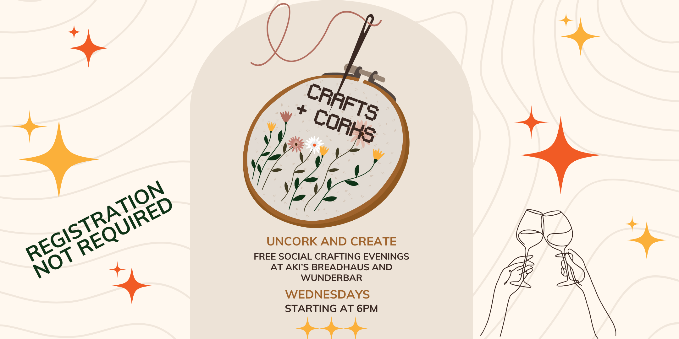 Crafts + Corks: uncork and create. Free social crafting evenings at Aki’s Breadhaus and WunderBar, Wednesdays starting at 6 PM. Registration not required.
